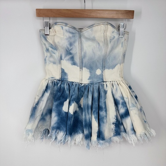 Monkl Bleached Ruffled Zip Up Strapless Sweetheart Babydoll Denim Top - Picture 1 of 3